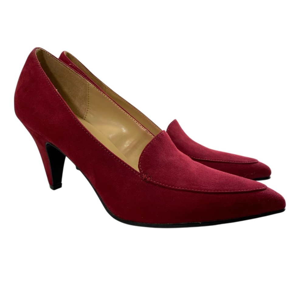 Holiday Party Burgundy Pointed Toe Pumps Faux Suede Leather Cone Heel 8.5M Work